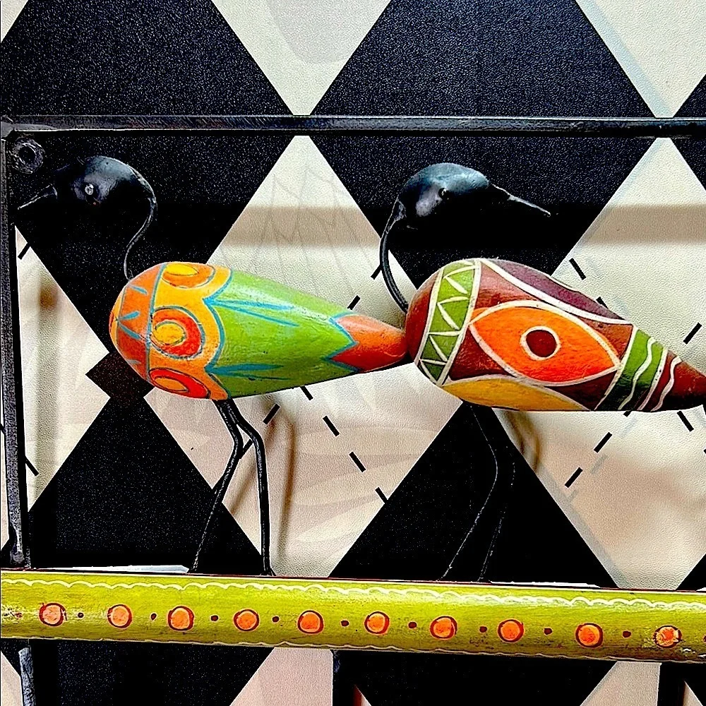 Tribal Folk Art Wall Hook Rack – Hand-Painted Birds – African / Mexican Inspired